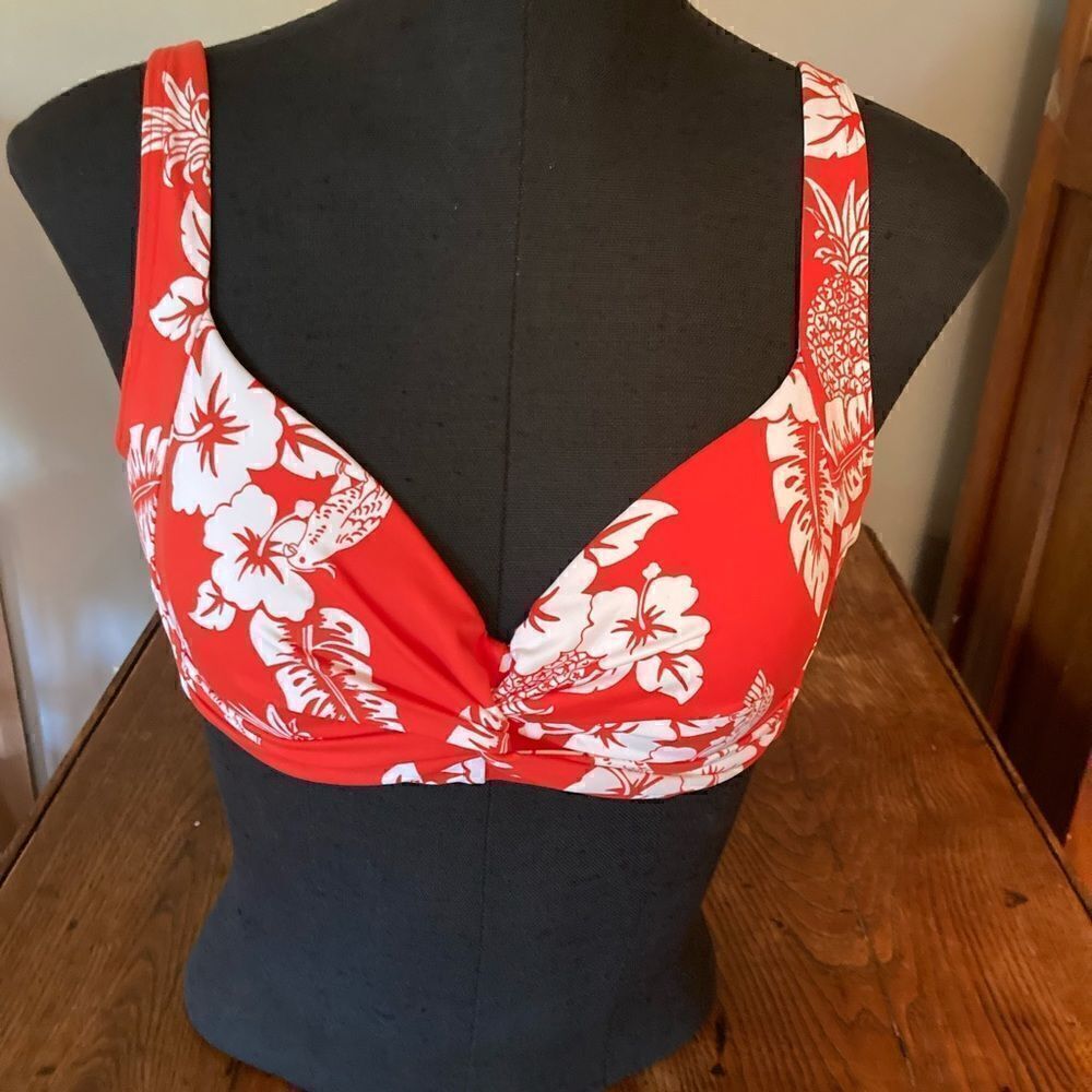 Land’s End twist front bikini top orange floral print underwire adjustable 8